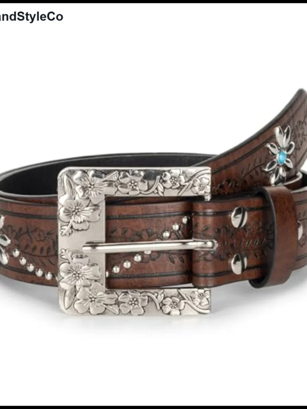 Western Cowboy Belt for Women, Faux Leather Flower Embossed with Silver Buckle